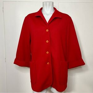 Vintage 70s Red Button Up Chore Coat 3/4 Sleeve Knit Polyester Size Large
